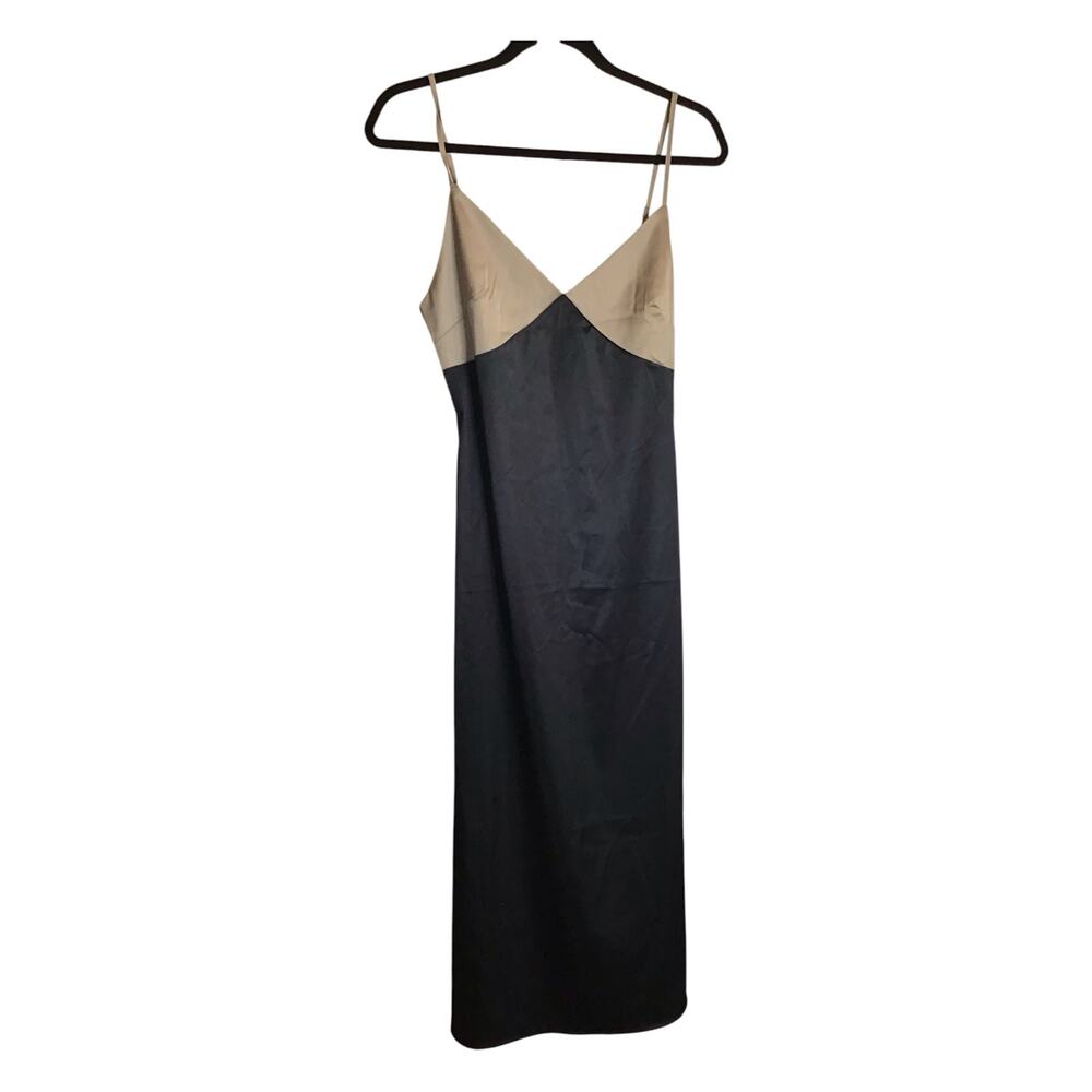 Commense Maxi Slip Dress black & beige two-tone sharp V-neck bodice Sz. Med NWT